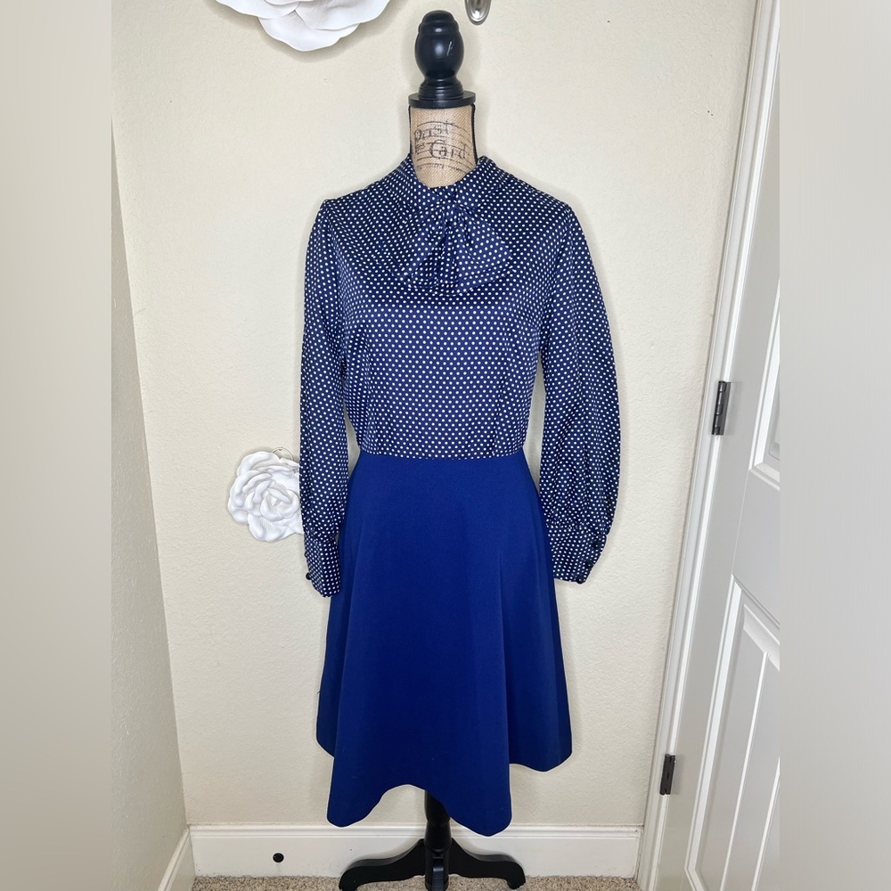 NTM: Vintage Herman Marcus Dallas Navy Polka Dot Bow Tie A-Line Dress Size 14